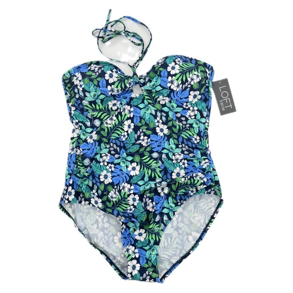 LOFT Swim Blue and Teal One-Piece Swimsuit Halter Tie Floral Design Size XL NEW! - Picture 1 of 13